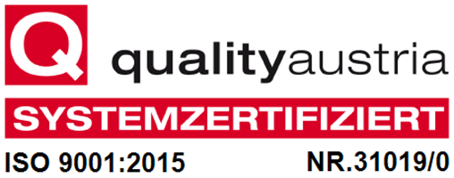 Qualitätszertifikat ISO 9001 Quality Austria rot