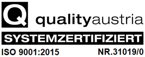 Qualitätszertifikat ISO 9001 Quality Austria schwarz